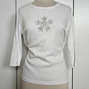 White ¾ sleeve top with rhinestone bejeweled snowflake design.